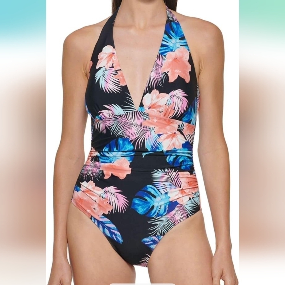 New With Tags DKNY Floral Black Tie Halter One Piece Swimsuit Size Large